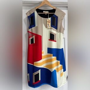 Aryeh Geometric Pattern Dress in Blue and Cream